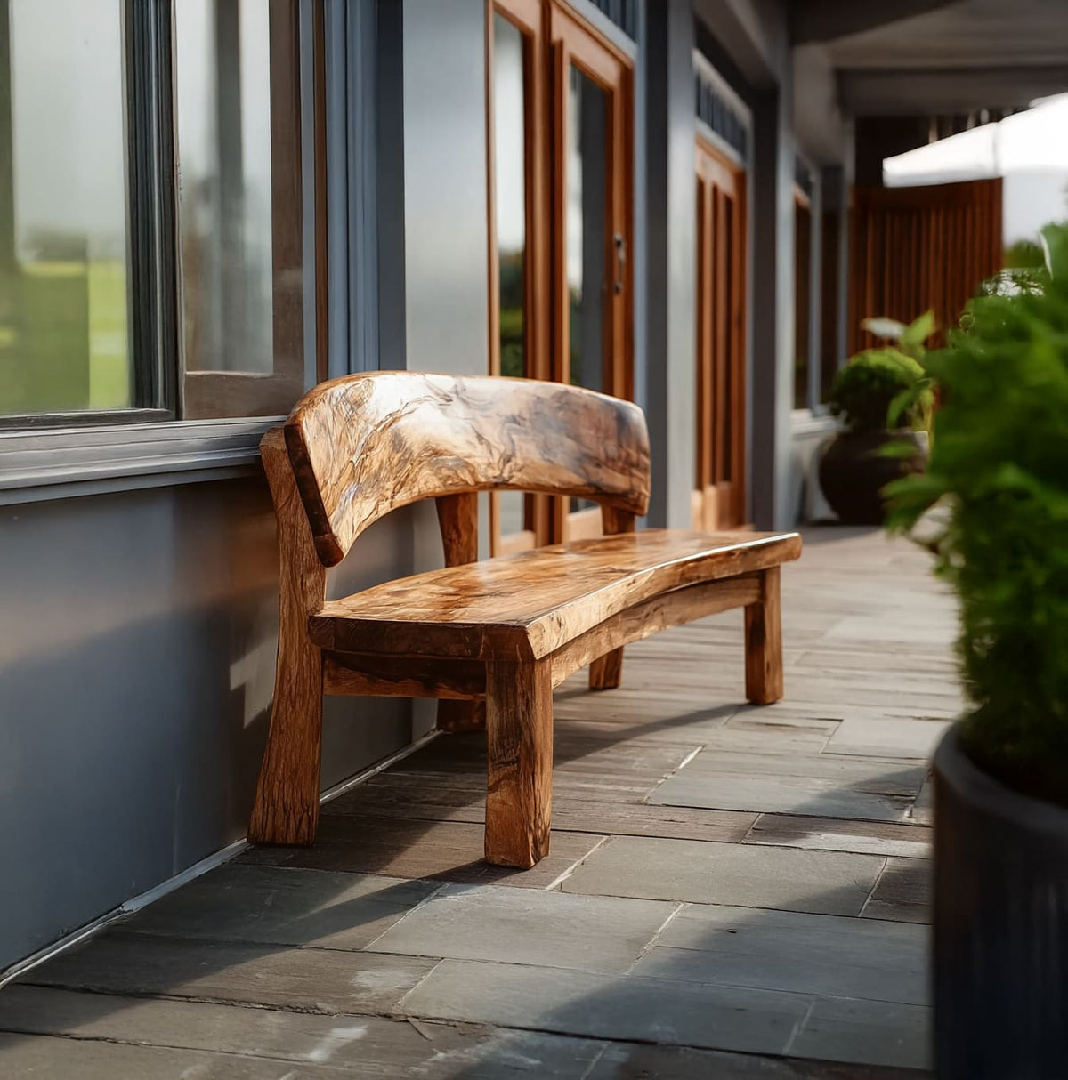 Live Edge Garden Bench with Backrest - Solid Wood Outdoor Patio Seating