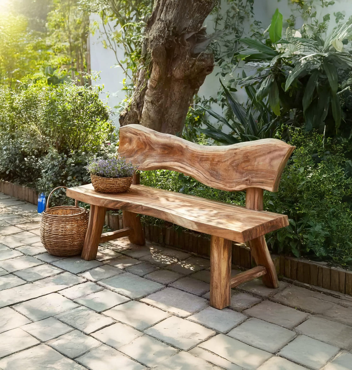 Live Edge Garden Bench with Backrest - Solid Wood Outdoor Patio Seating