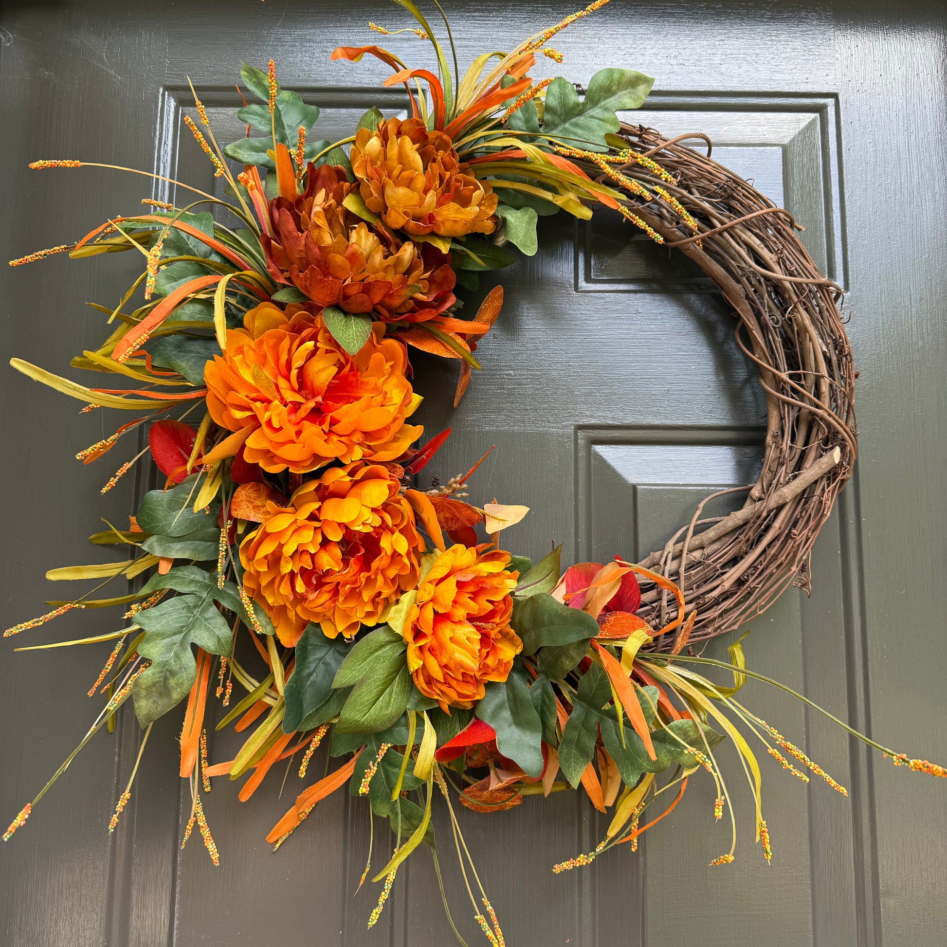 Orange Peony Fall Wreath | Handmade Front Door Grapevine Wreath