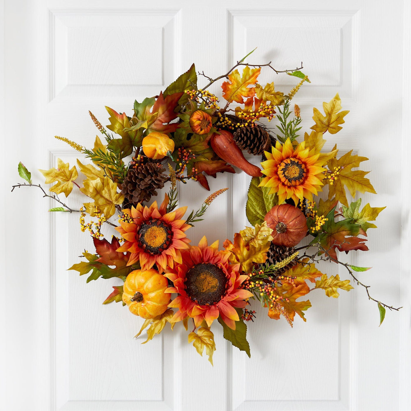 Pinecone Sunflower Wreath 24” Fall Sunflower, Pumpkin, Gourds, Pinecone And Berries Autumn Artif – Rustics For Less