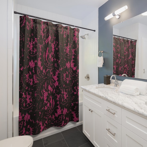 Pink Goth Bathroom Pink Dancing Skeleton Shower Curtain, Spooky Goth Vaporwave Bath Accent In Pastel Candycore