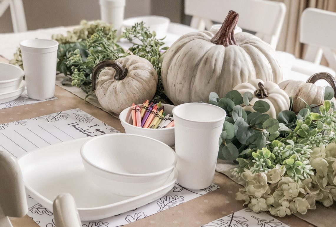 Setting a Neutral Farmhouse Thanksgiving Tablescape for Kids - Rain and Pine