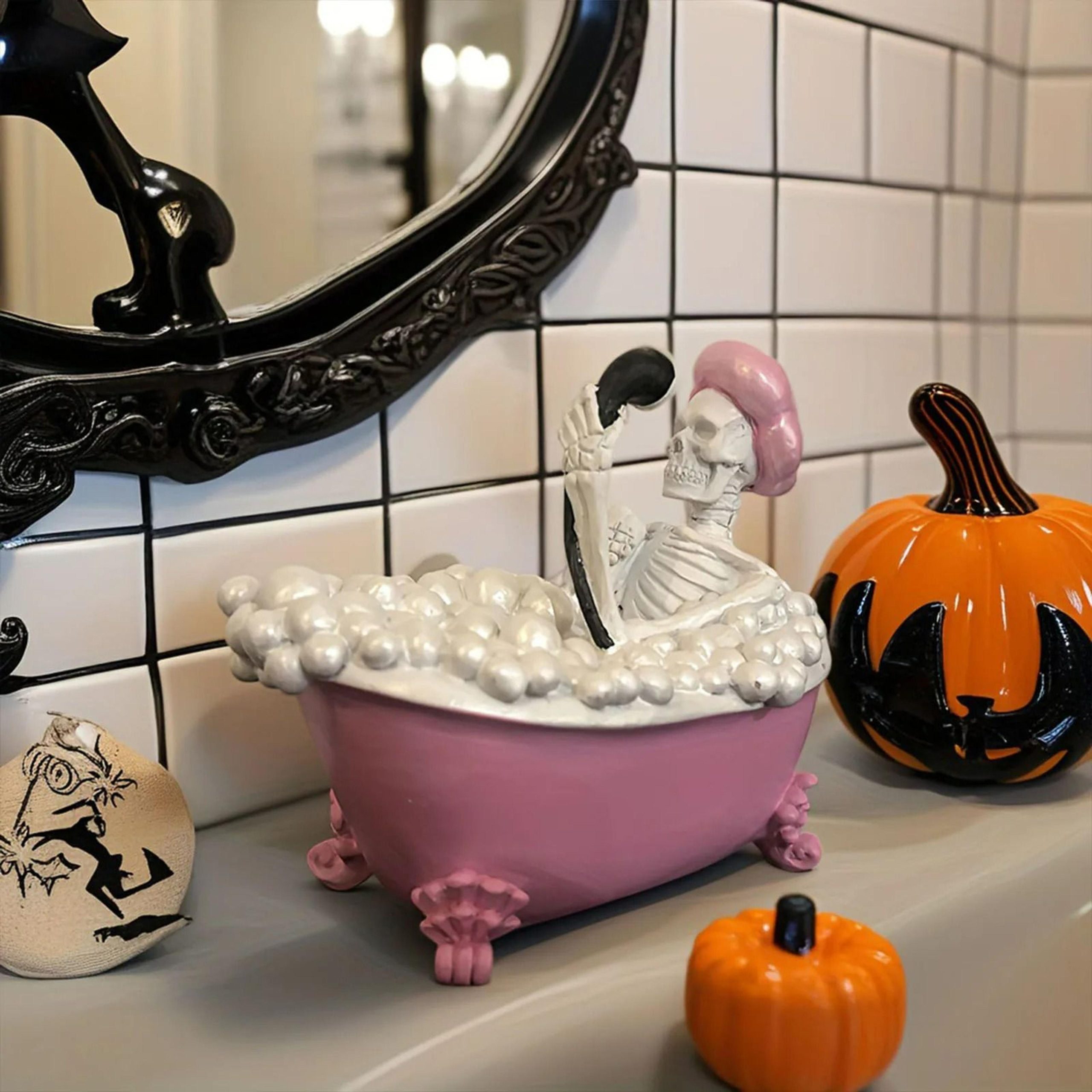 Spooky Skeleton In Pink White Bathtub Figurine For Halloween Bathroom Decor