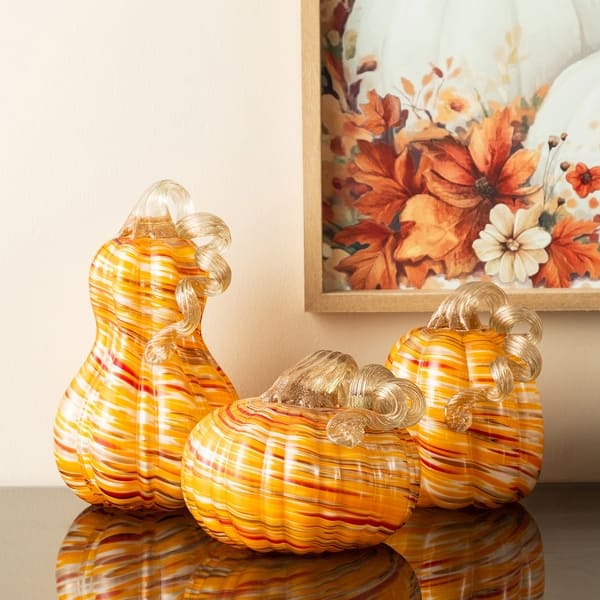 Thanksgiving Decor Glass Hand-Blown Glass Pumpkin Ornament Multicolor Swirl Art Glass Figurine For Fall, Thanksgiving,