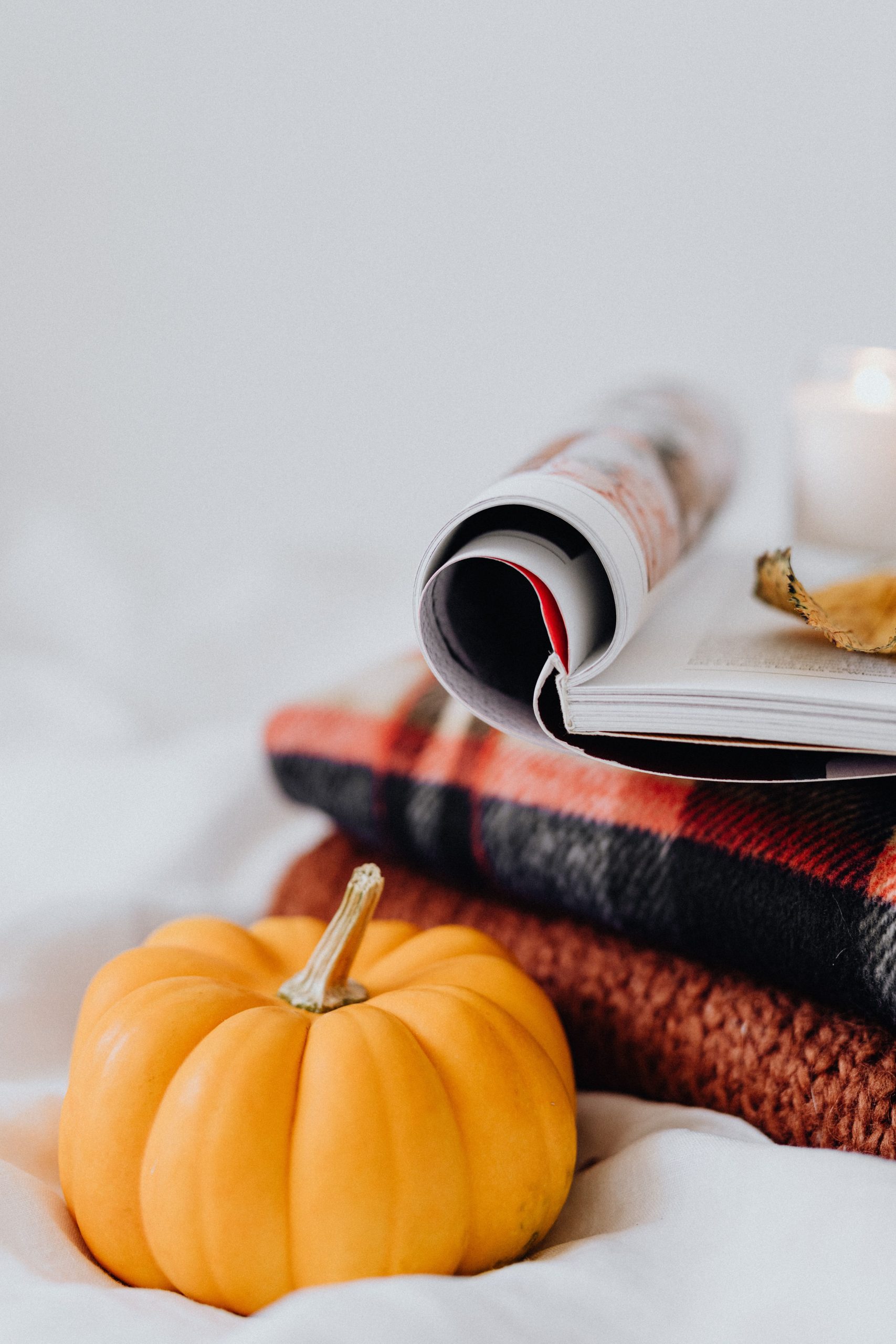 Warm autumn scene featuring a pumpkin, cozy fabrics, and a rolled magazine, perfect for fall vibes.