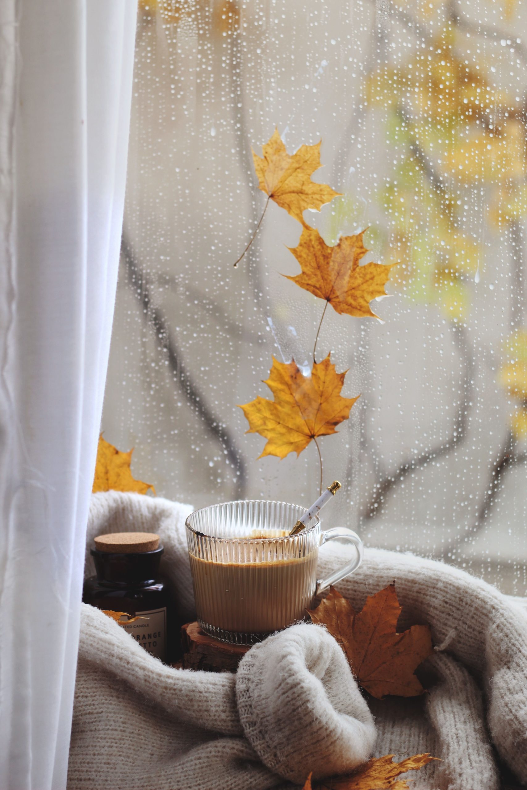 Warm coffee on a windowsill with autumn leaves, evoking a cozy fall ambiance.