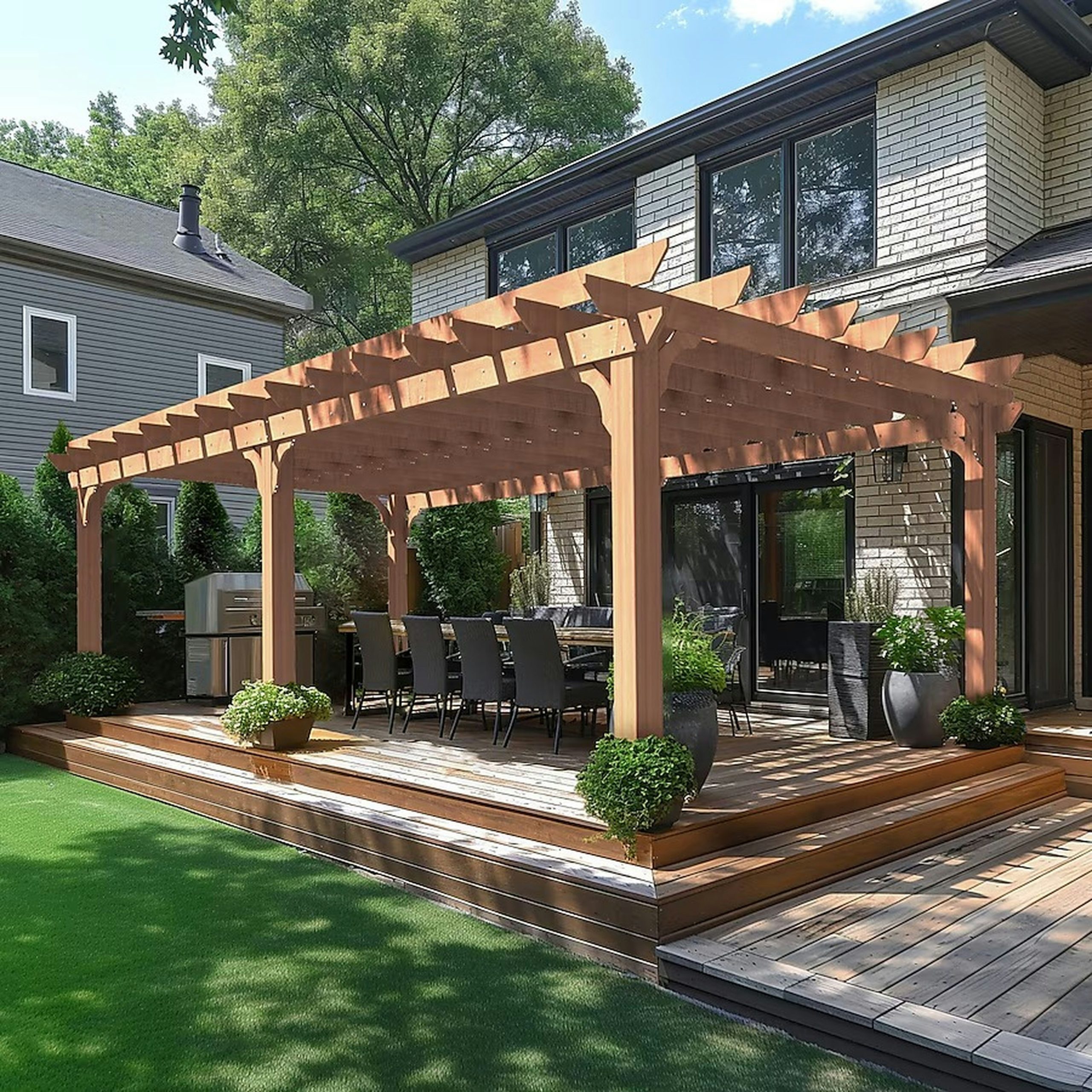 Wooden pergola covers outdoor dining area with grill