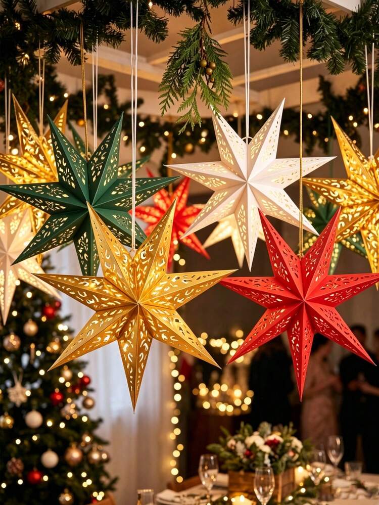 1/2/3pcs Christmas Decoration Star Paper Lanterns, Merry Christmas Paper Lantern Lampshades (Without Lights), Christmas Ceiling Star Hanging Decorations For Christmas Room Decor, Hollow Hanging Deco