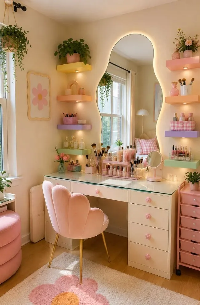 25 Dreamy Aesthetic Vanity Setups: Pastel Vanity With a Wavy LED Mirror