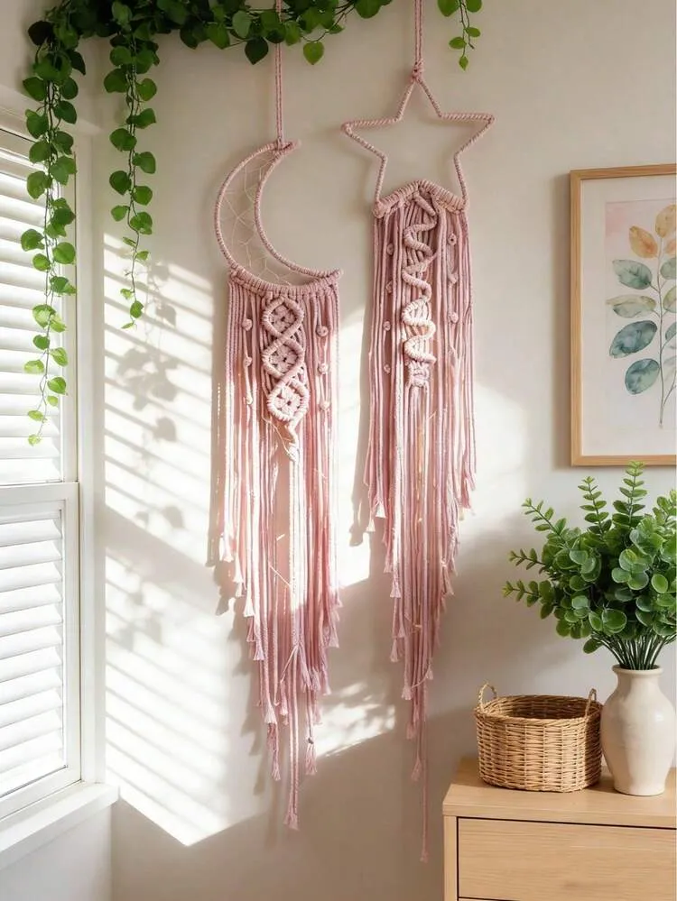 2pcs Handmade Crochet Lace Star Moon Dream Catcher Wall Hanging, Boho Style Home Decor Wall Art, Suitable For Home, Wedding, Living Room, Bedroom, Holiday Gift (Lights Not Included) | SHEIN USA
