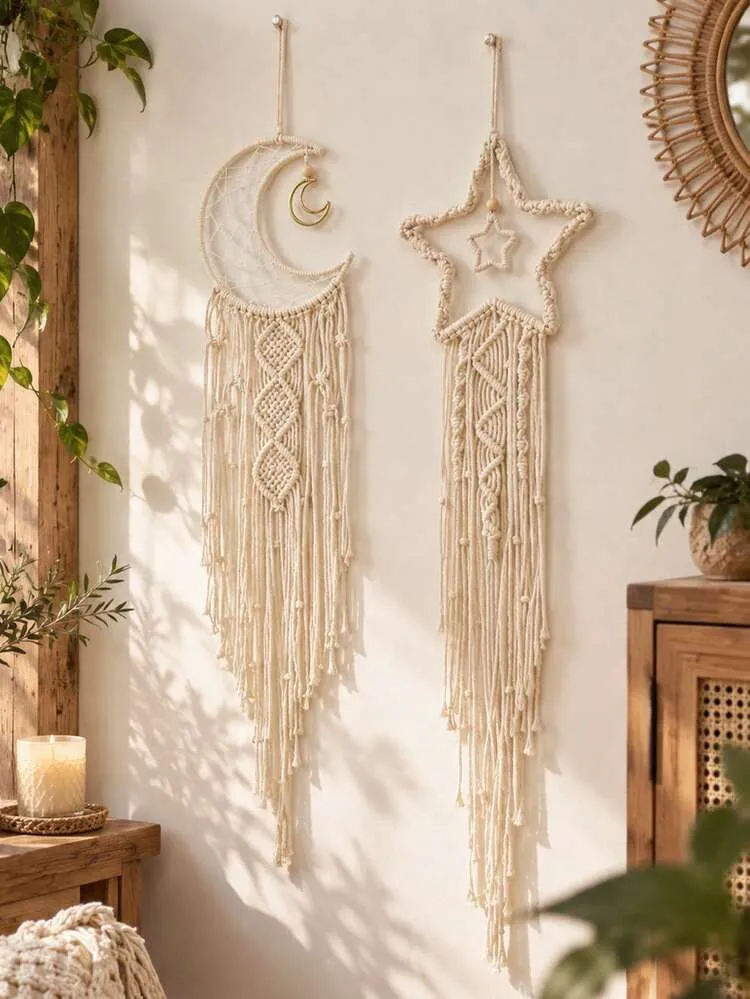 2pcs Handmade Crochet Lace Star Moon Dream Catcher Wall Hanging, Boho Style Home Decor Wall Art, Suitable For Home, Wedding, Living Room, Bedroom, Holiday Gift (Lights Not Included) - Product Video