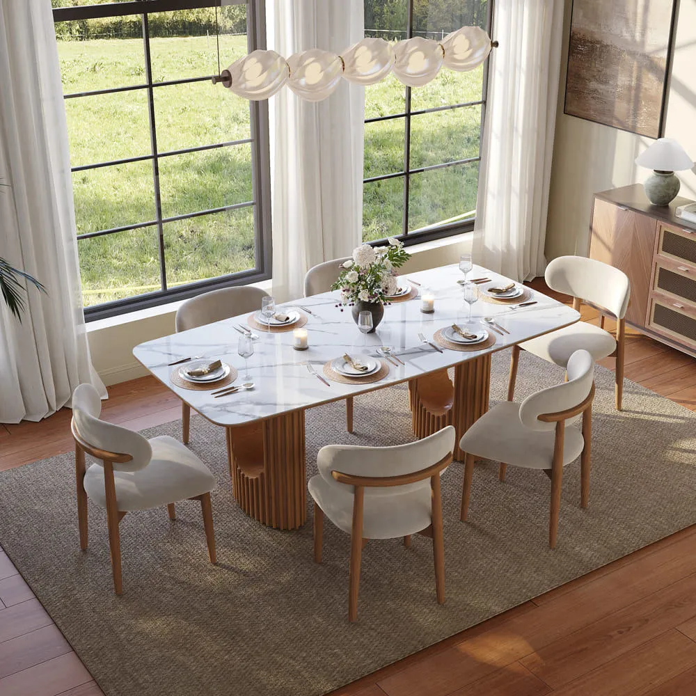 94' Mid-Century Modern Rectangular Dining Table Scratch-Resistant Pandora Glossy Sintered Stone Top & Walnut Fluted Pedestal Base, Easy-to-Clean