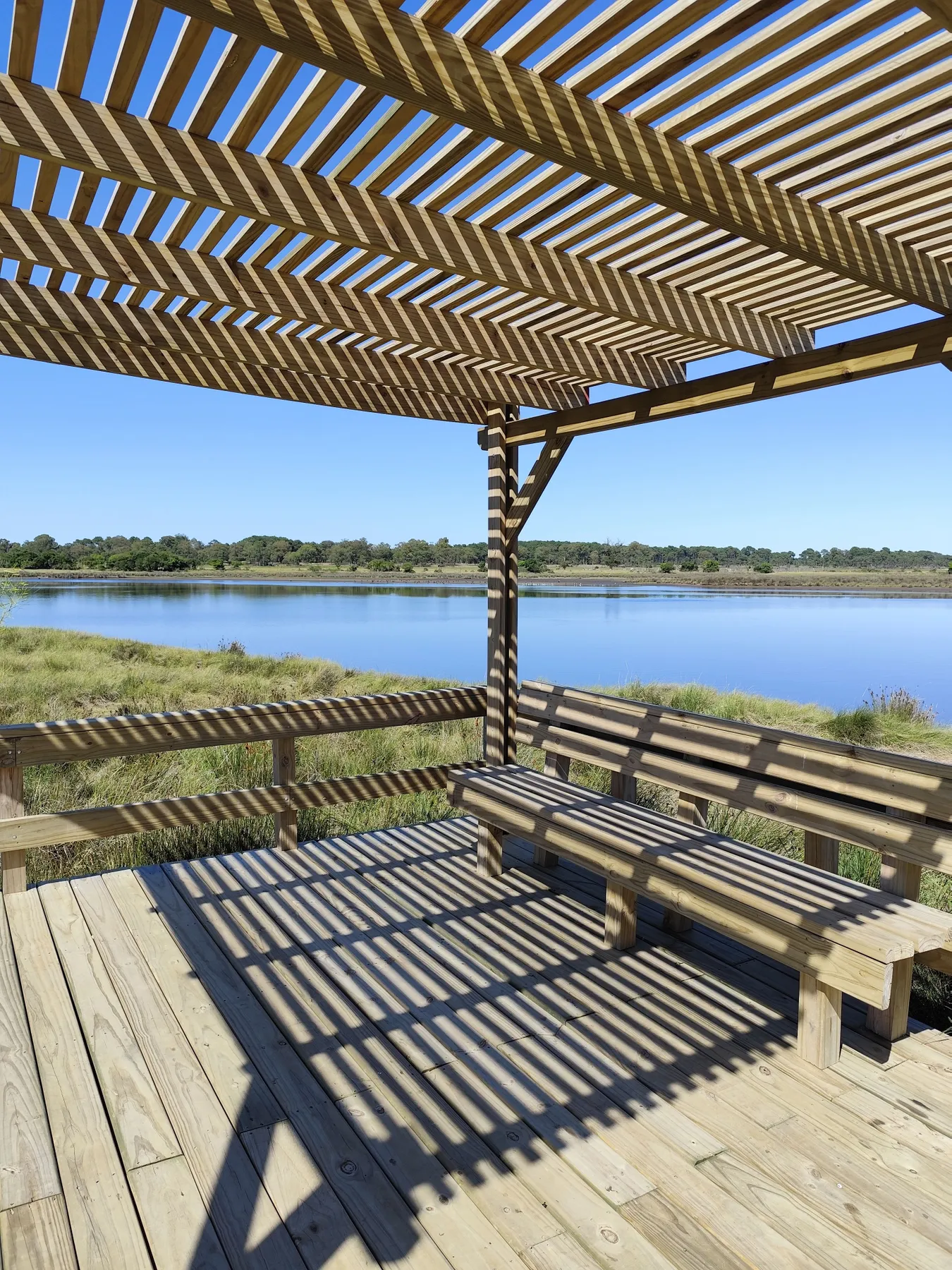 A wooden pergola casting shadows on a bench by a serene lake under a clear blue sky.