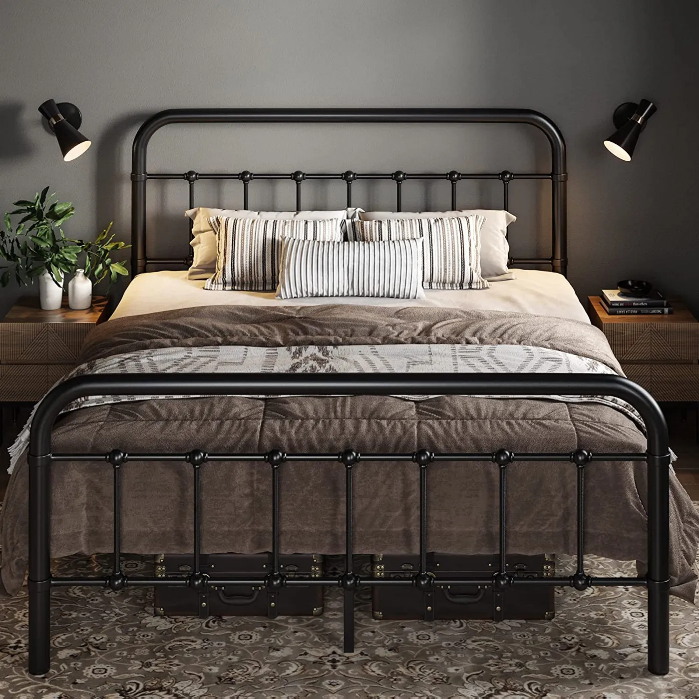 Allewie Metal Platform Bed Frame with Victorian Style Wrought Iron-Art Headboard/Footboard, Black