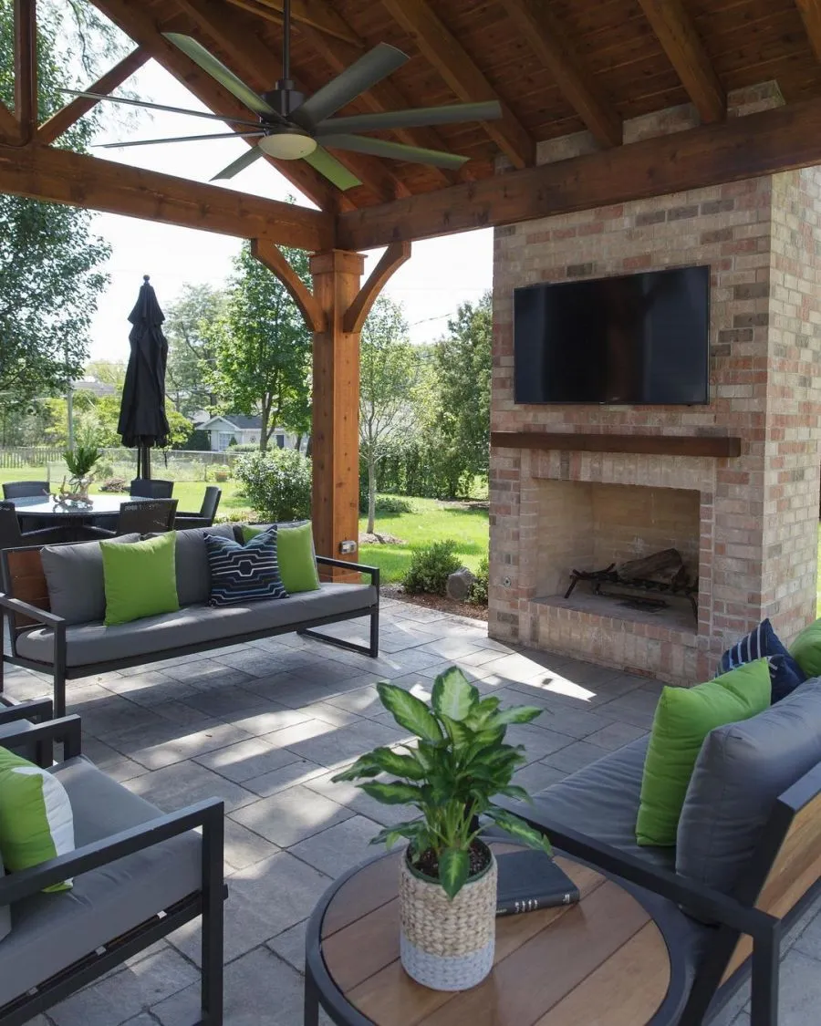 Beautiful Patio Designs With TVs And Cozy Furniture