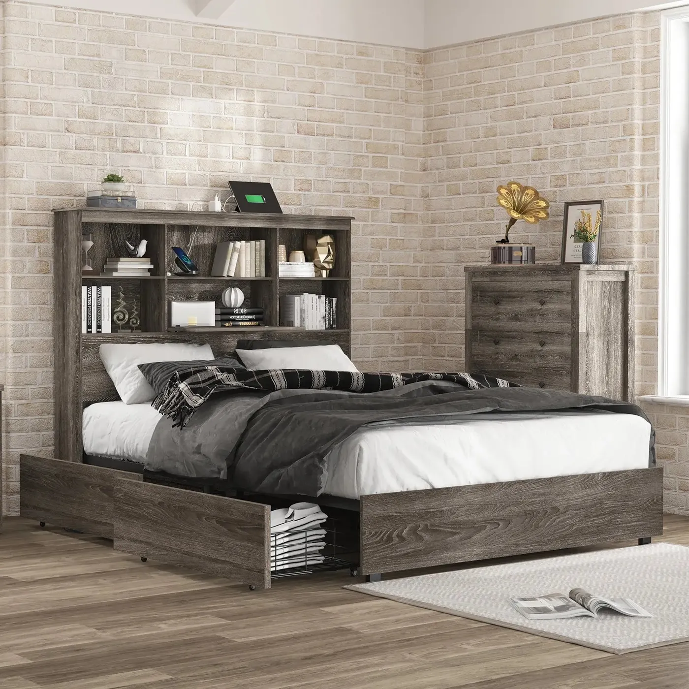 Bed Frame King Size Ironwood Storage & 51.2' Storage Bookcase Headboard