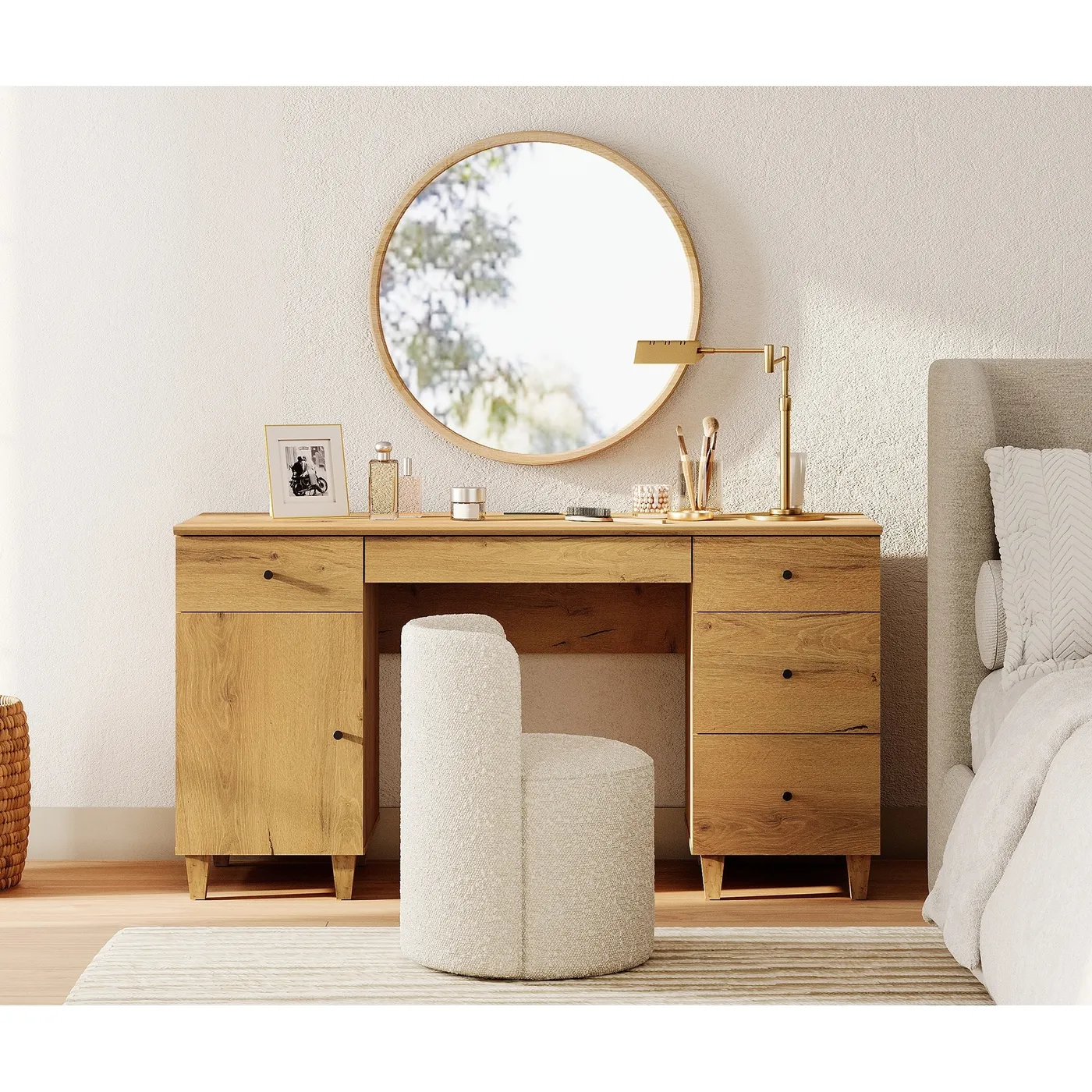 Bedroom Vanity Dressing Table For Girls 58' Wooden Vanity Desk With Storage Cabinet And Charging Station