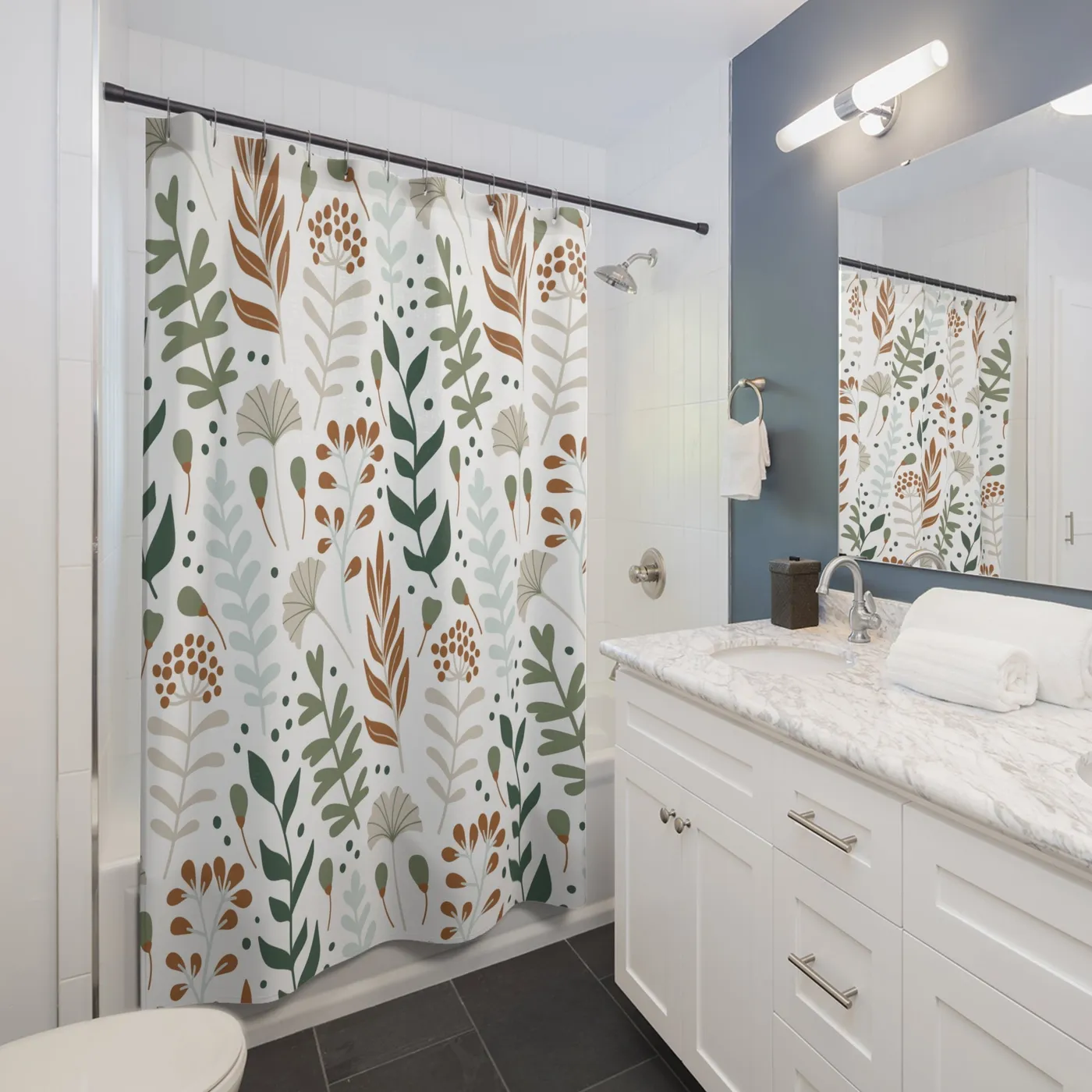 Boho Shower Essentials Green Fabric Shower Curtains Boho Floral Shower Curtain Fall Autumn Sage Green, Rust White Leaves