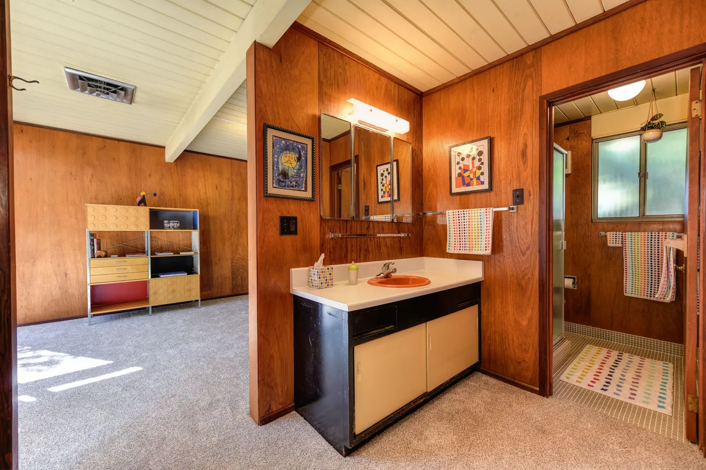 Bright mid-century modern bathroom with vintage design and wood paneling.