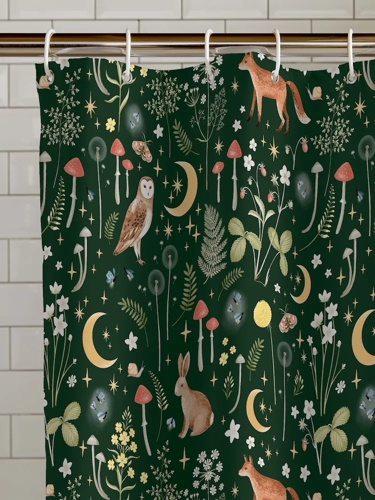 Catherine Lansfield Forest Green Enchanted Twilight Animal Shower Curtain ONE