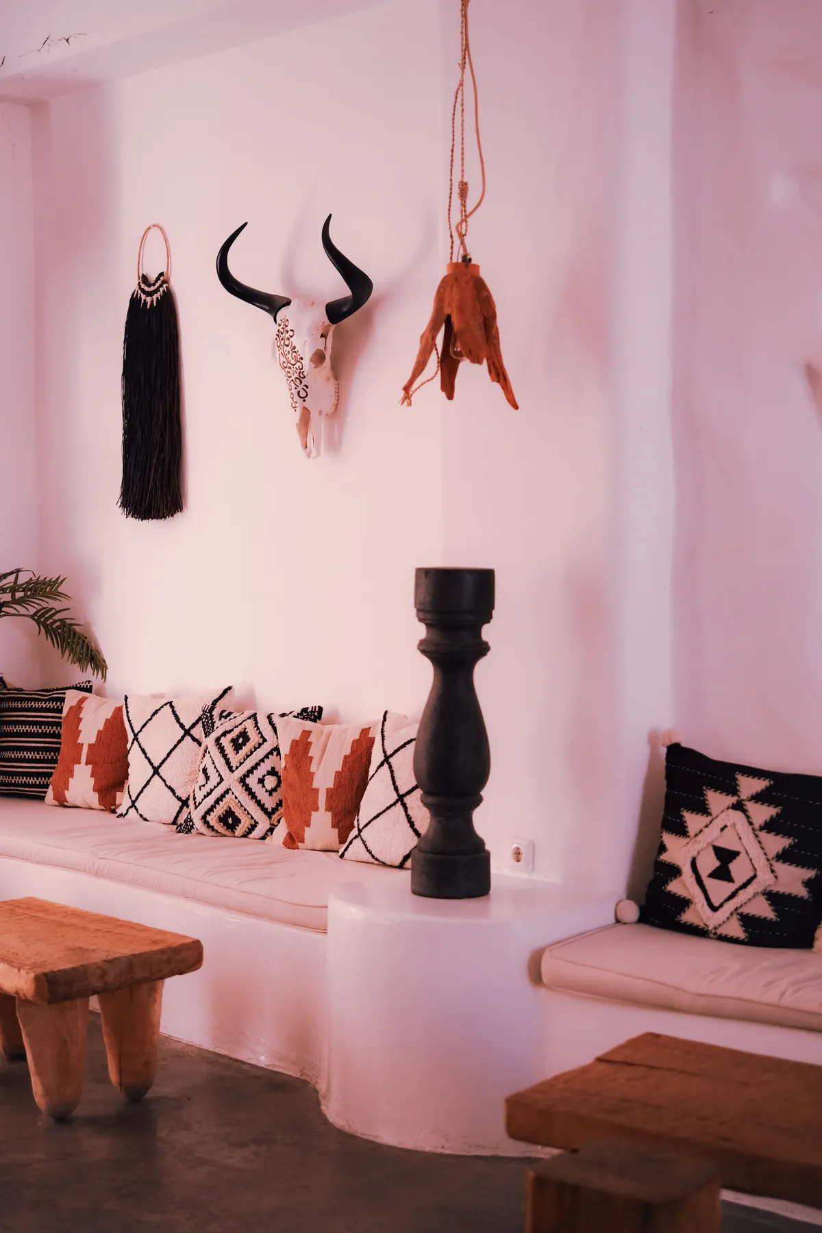 Chic bohemian style living room with rustic and tribal elements.