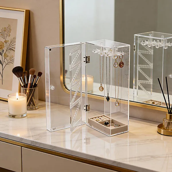 Clear Rotating Jewellery Display Stand Organiser with 24 Hooks and Velvet Tray, 15cm(W) x 11cm(D) x 32cm(H)