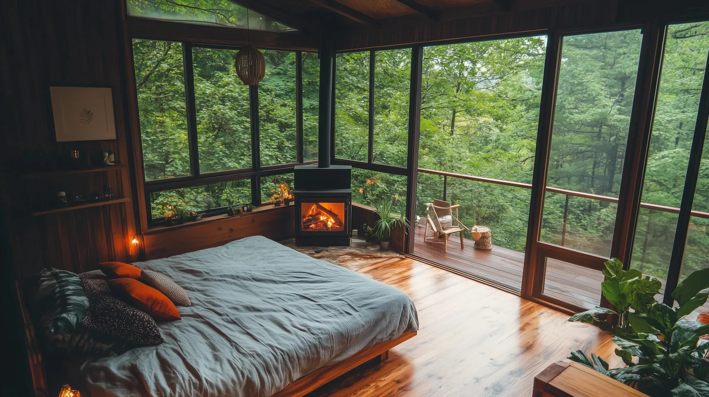 Cozy Forest View Bedroom Retreat With Fireplace • PromptDen