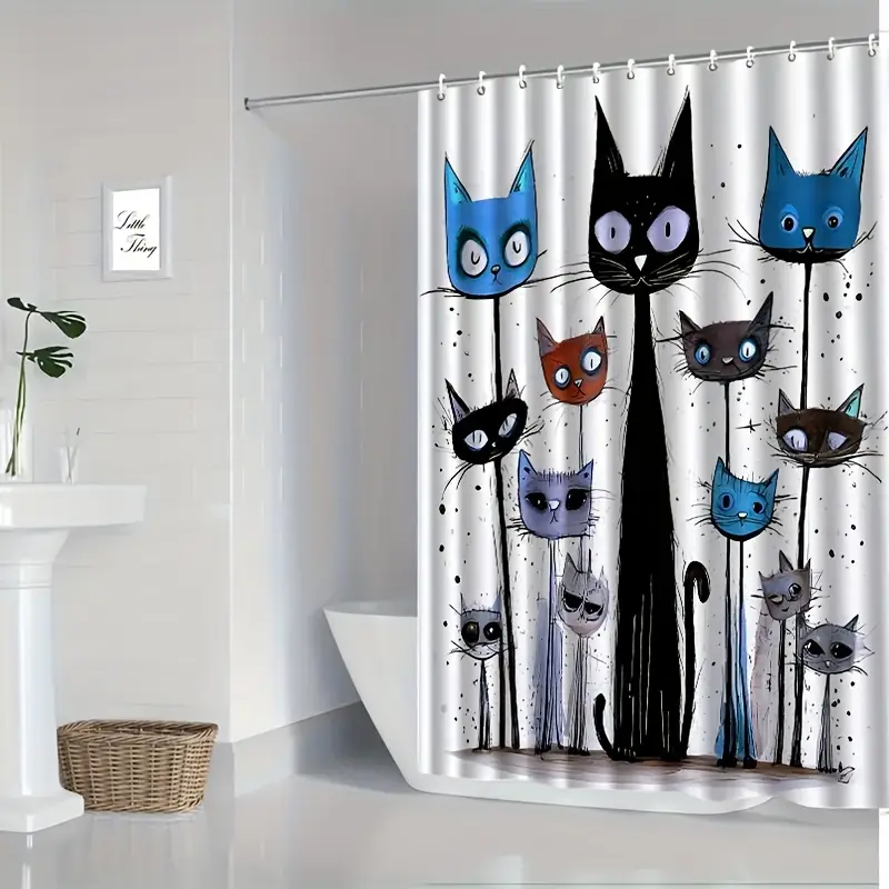 cute kitten pattern printed shower curtain hooks windows - Temu Chile
