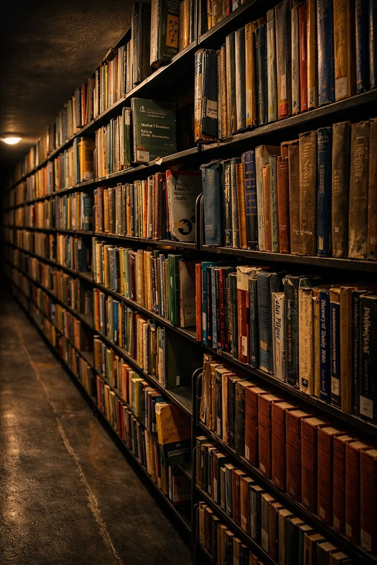 Dimly lit library aisle filled with rows of vintage books, showcasing a nostalgic and timeless atmosphere.