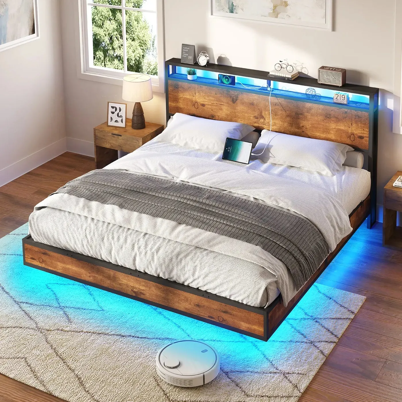 Floating Bed Frame LED Lights, USB Charging, RGB Storage Headboard King / Gray
