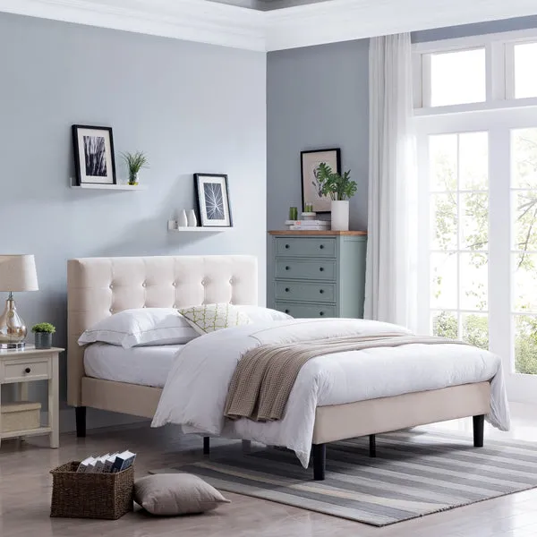 Fully-Upholstered Queen-Size Platform Bed Frame, Modern, Contemporary, – NobleHouseFurniture