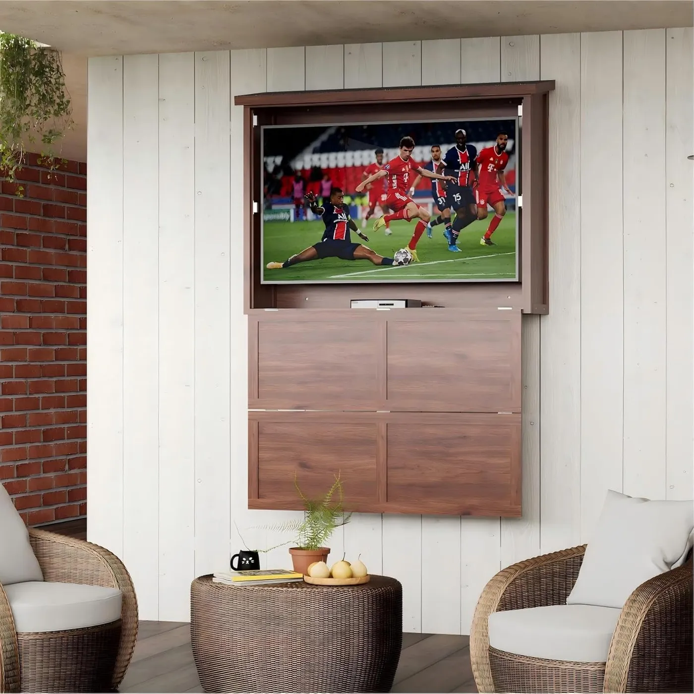 GarveeLife 55in Outdoor TV Enclosure Wood Wall-Mounted TV Cabinet 32in-55in Dual-Arm Steel Bracket Included Outdoor TV Box Weatherproof for Covered Patio and Pergola Walnut in the Outdoor TV Covers 