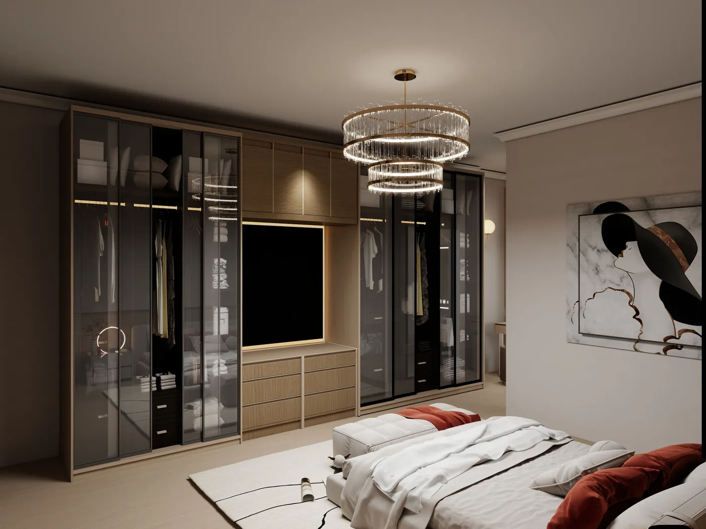 Luxurious modern bedroom featuring a crystal chandelier, glass wardrobes, and minimalist decor.