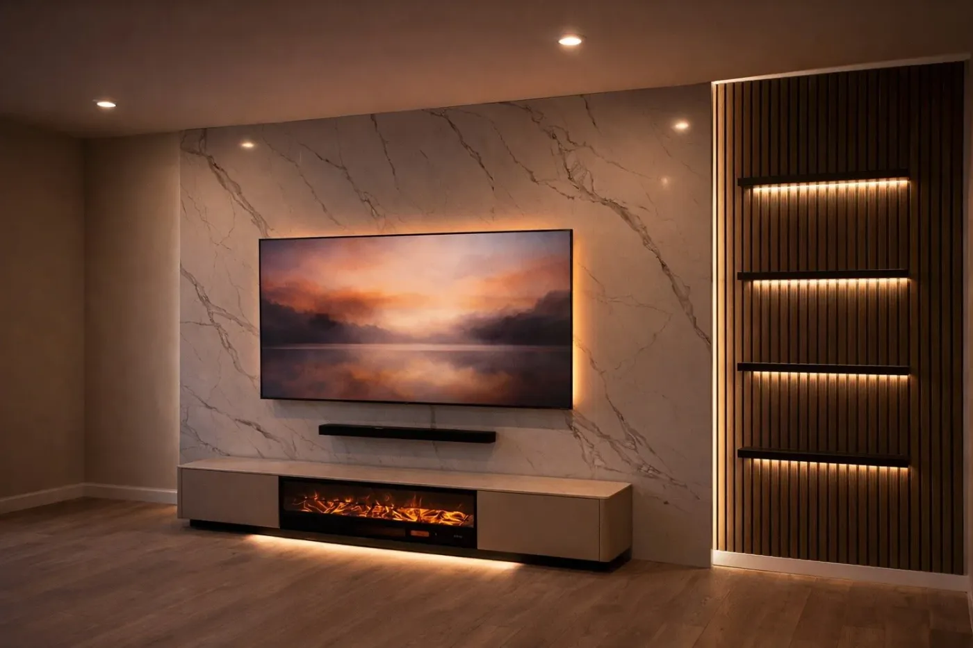 Miami Floating TV Panel Media Wall with Fireplace | Florida Media Walls
