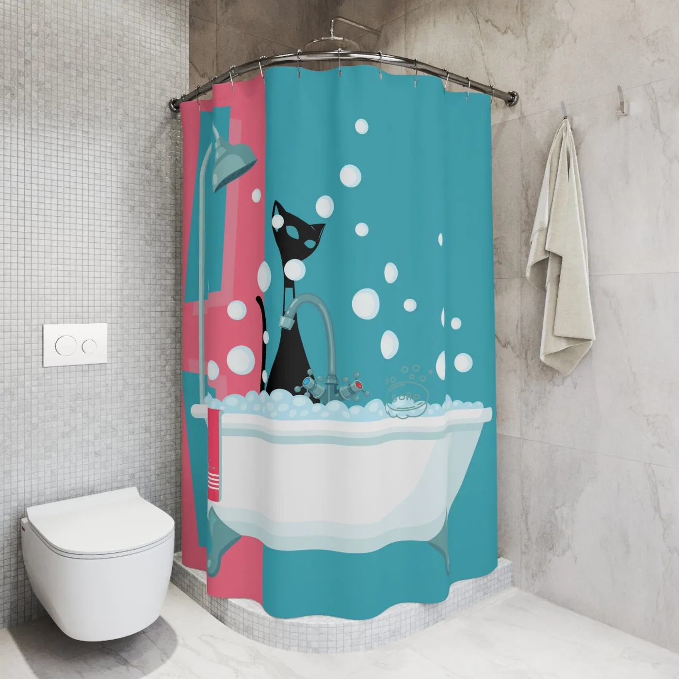 Mid Century Modern Atomic Cat Shower Curtain, Geometric Aqua Blue, Pink, Kitschy Cute, Fun Retro Bathroom Decor Shower Curtain