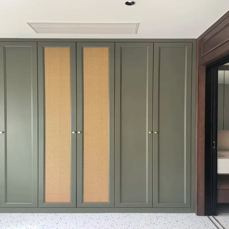 Mid Century Olive Green Durable Wardrobe with Rattan Webbing Doors Built in Bedroom Clothes Storage Closet for Apartment - China Loong Wooden Door Co., Ltd.