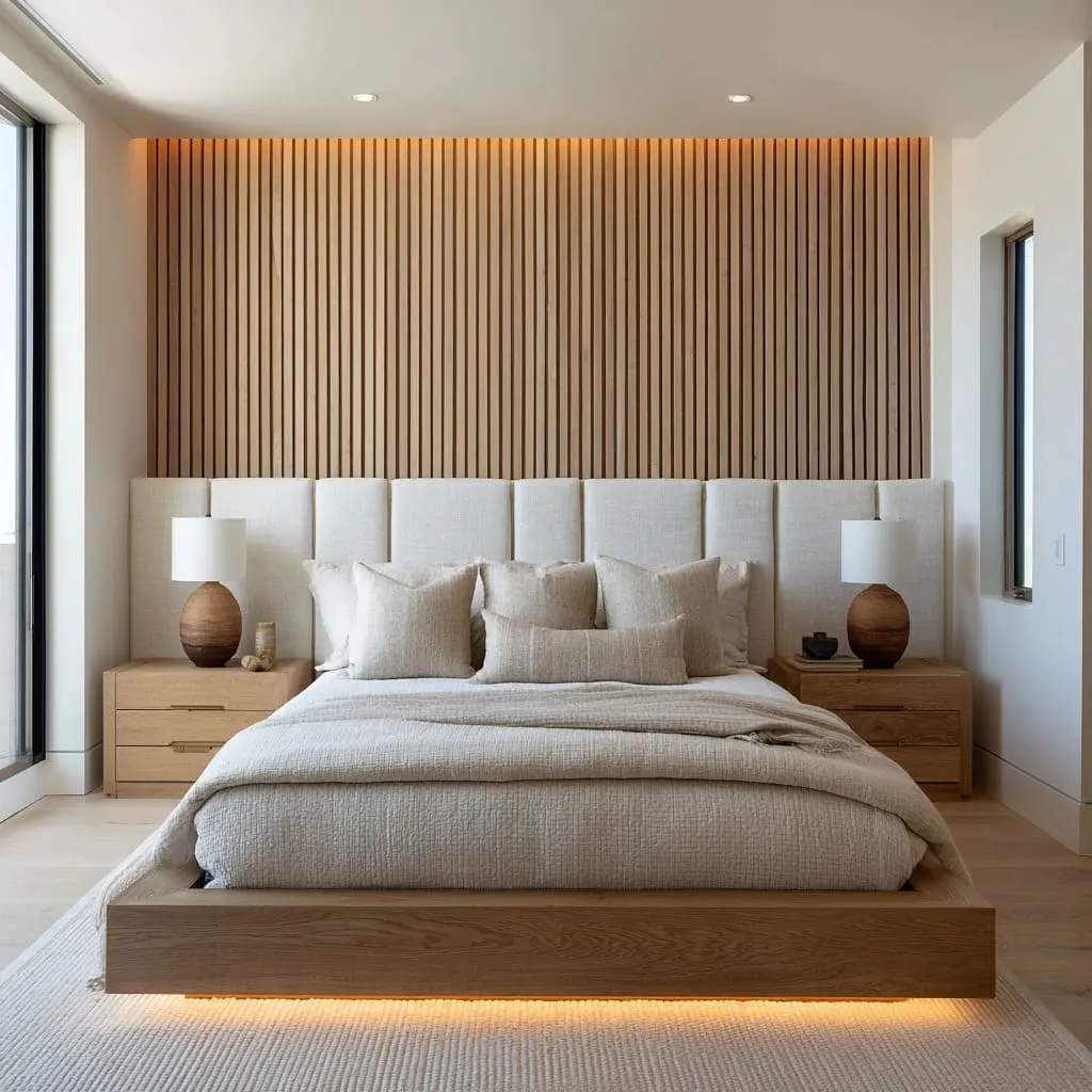 Modern Luxury Master Bedroom with Slat & Grid Feature Wall
