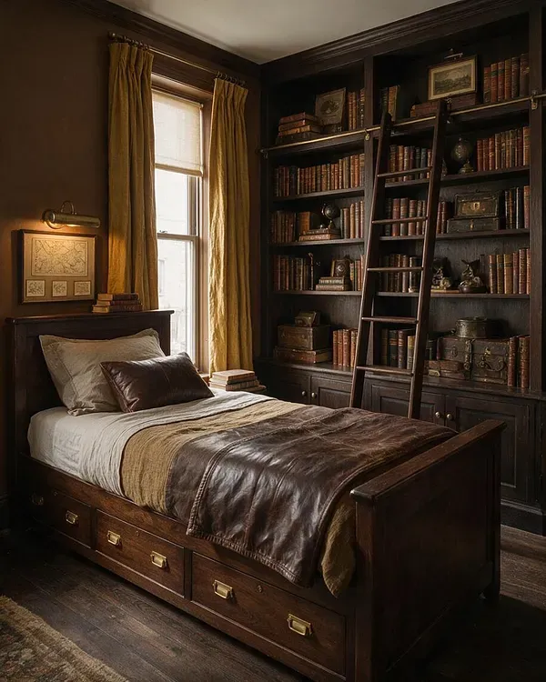 Moody Dark Academia Bedroom with Library Walls - Interior – Room AI