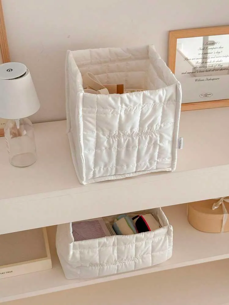Quilted Pure White Rectangular Storage Basket For Small Items, Foldable Desktop Organizer For Clutter Clearing, Dorm Room Essential For Students, ...
