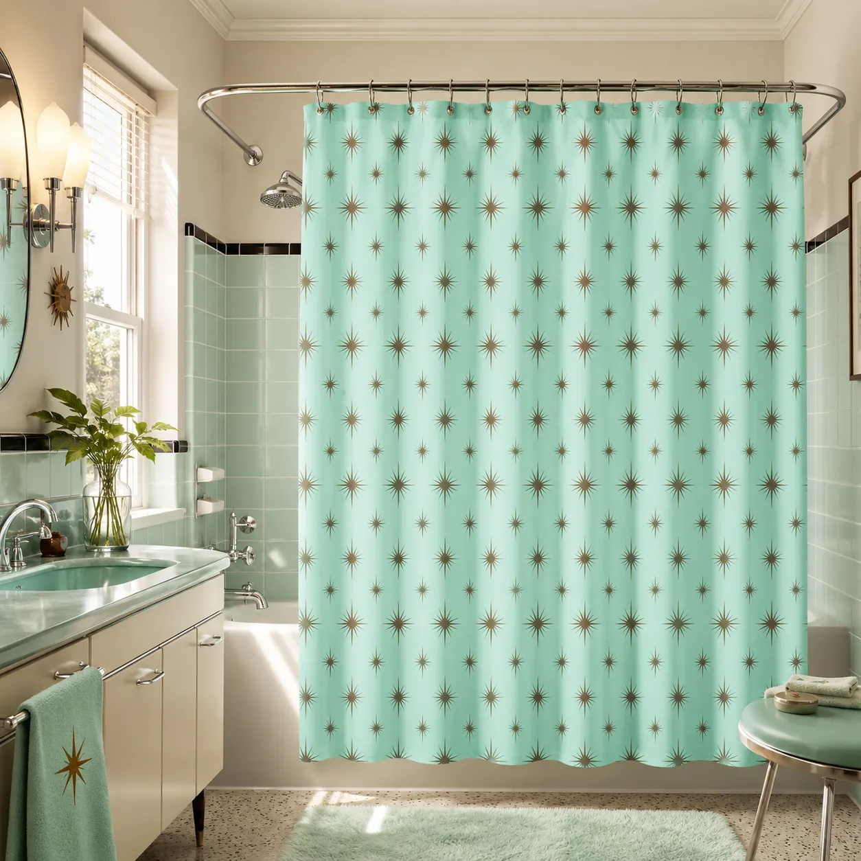Retro Atomic Starburst Shower Curtain | Mint Green Mid-Century Bathroom | Starlite Drive