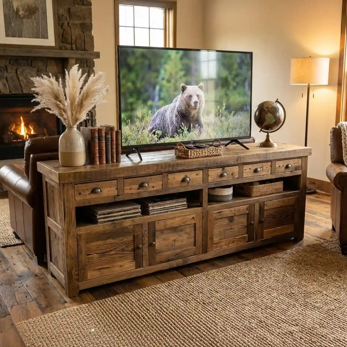 Rustic Gothic Mango & Reclaimed Wood TV Console Media Cabinet Handmade TV Cabinet with 3 Drawers Solid Reclaimed Wood Antique-Style TV Stand Media Console HiFi Cabinet 47\' x 11.8\' x 15.7\'