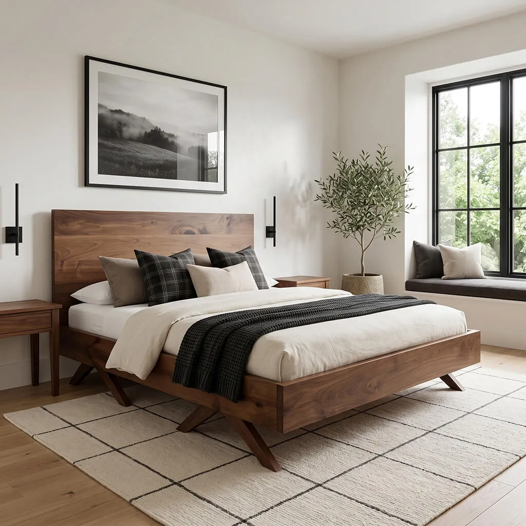 Scandinavian Bed Frame in Walnut – Solid Wood Platform