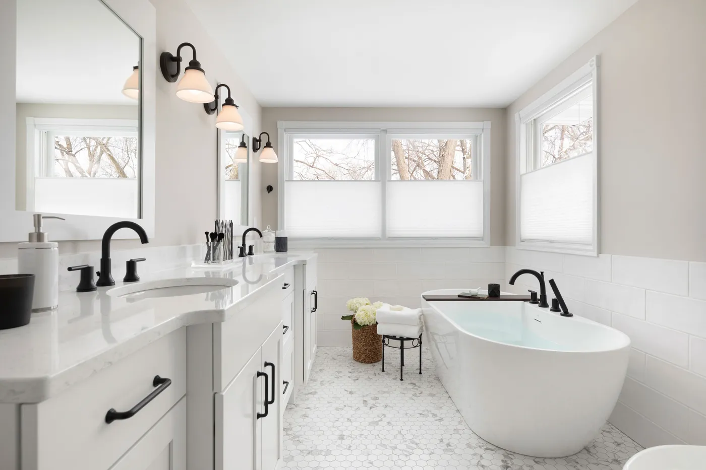 Spacious White Master Bathroom - Crystal Cabinets