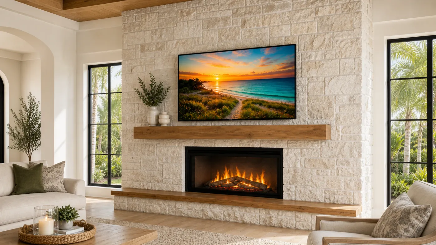 Stone Fireplace Media Wall | F2-005 | TV Media Wall