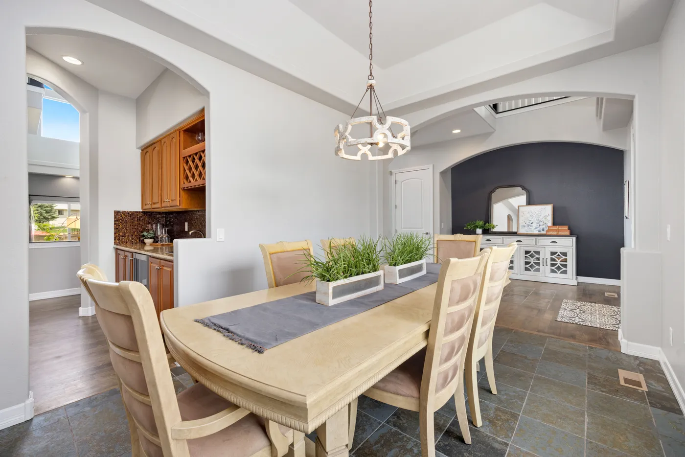 Stylish modern dining room with elegant furniture and tasteful interior design.