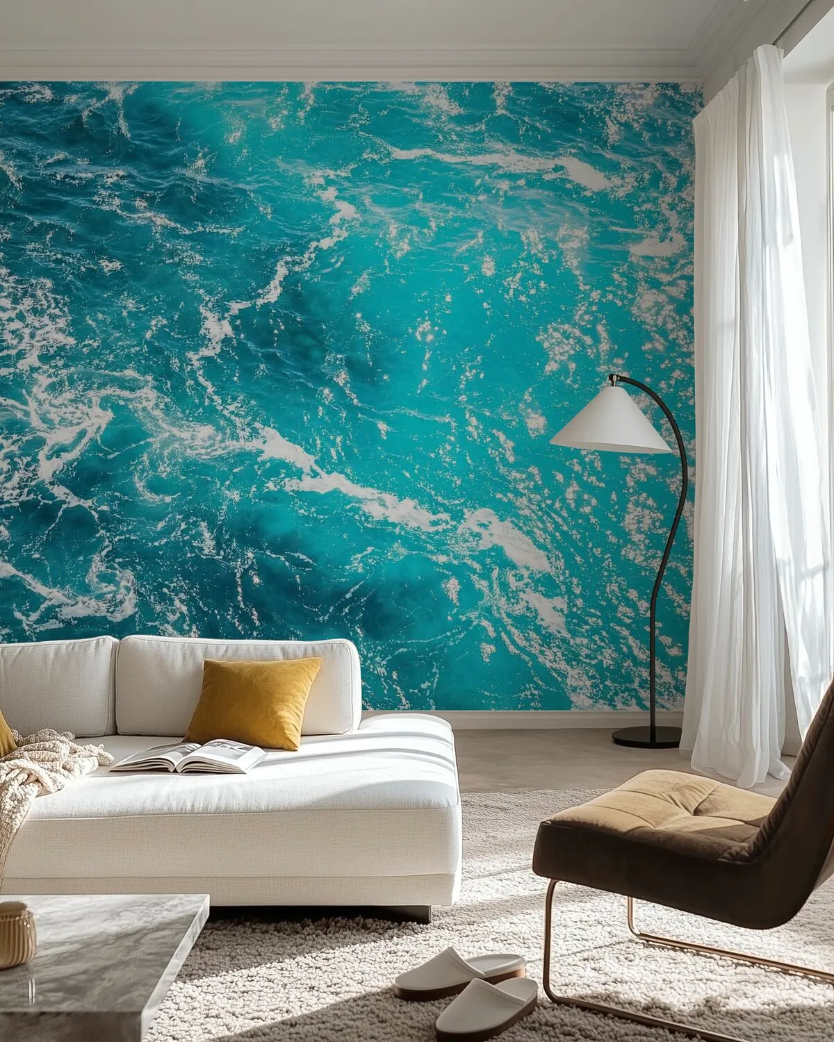 Wall Mural - Aqua Blue Waves - Nature - Bedrooms - Living Room - Blue - Paste-the-wall or peel and stick